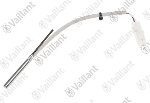 Vaillant Sensor mit einem Metallstab und Anschlusskabel, zur Temperaturmessung eingesetzt, im mittleren Bereich gebogen und mit einem Clip versehen.